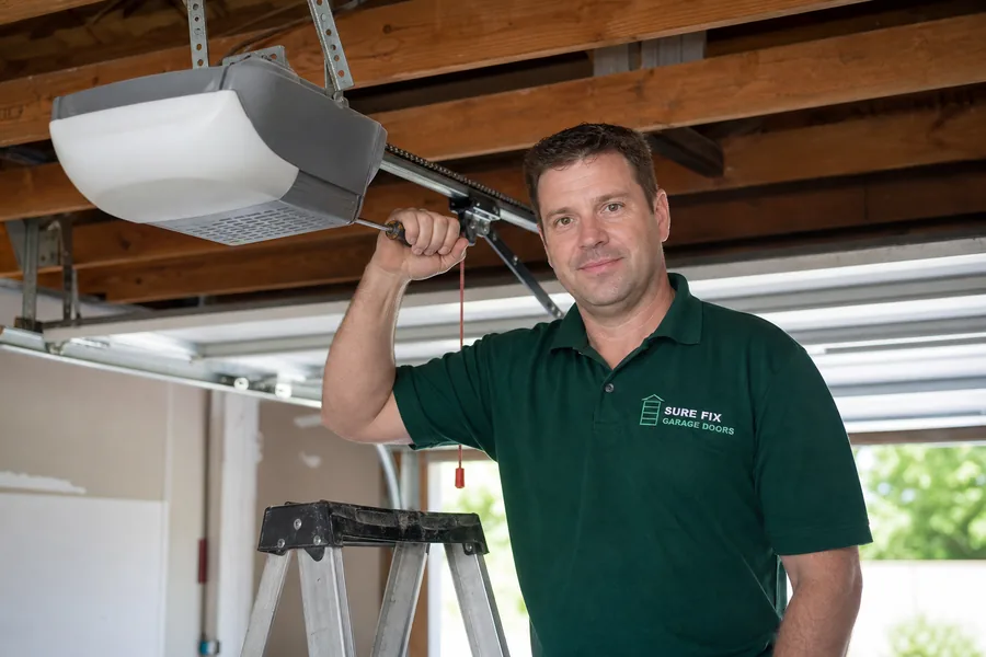Sure Fix Garage Doors technician repairing a garage door opener in Meridian, ID