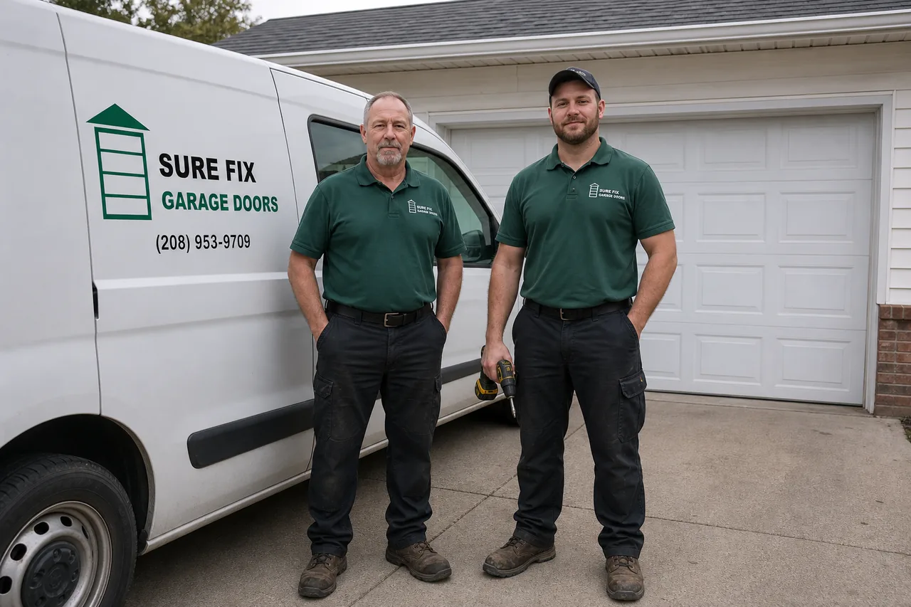 Sure Fix Garage Doors technicians and service van outside a home in Meridian, ID