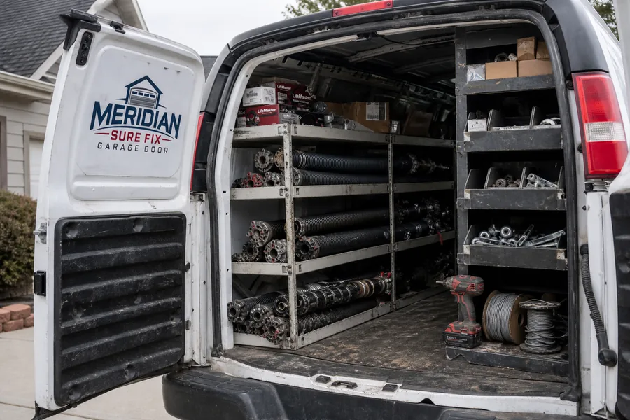 Inside the Sure Fix Garage Doors van: springs, rollers, drums and hinges stocked for Meridian