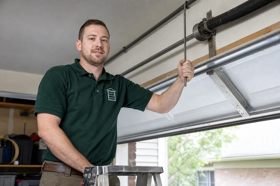 Sure Fix Garage Doors technician replacing a broken torsion spring in Meridian, ID