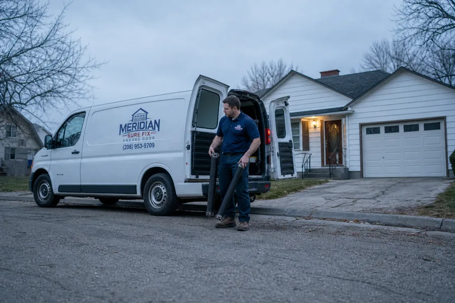 A Sure Fix Garage Doors technician bringing a torsion spring from the van in Meridian, ID